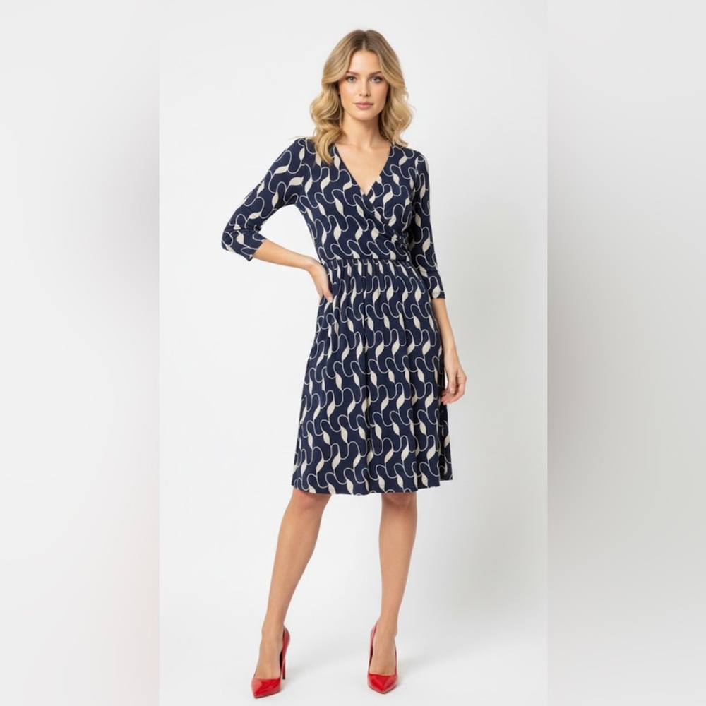 Boden Chelsea Navy Print Fixed Faux Wrap Dress Size 6